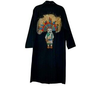 Denim Duster Coat Hand Painted Kachina Native Warrior Dancer Indian Art S